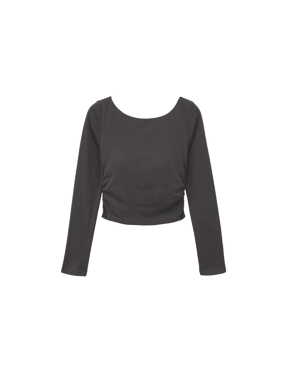 Ruched Side Open Back Long Sleeve Padded Bra Top