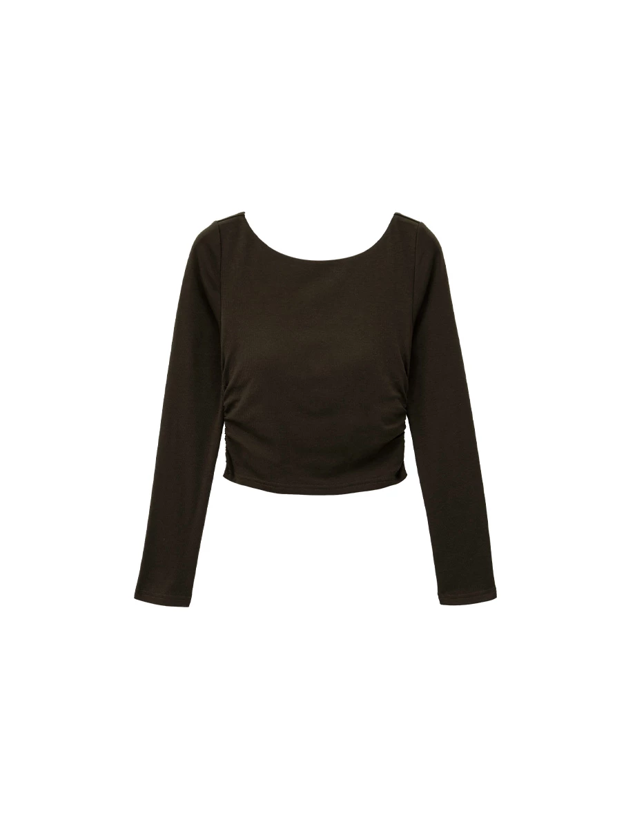 Ruched Side Open Back Long Sleeve Padded Bra Top