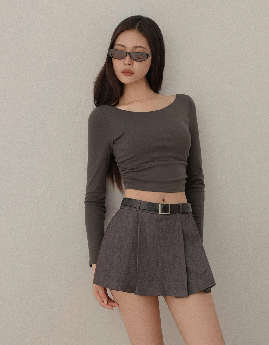 Ruched Side Open Back Long Sleeve Padded Bra Top