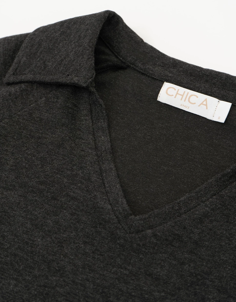 Collared V Neck Fitted Long Sleeve Crop Top