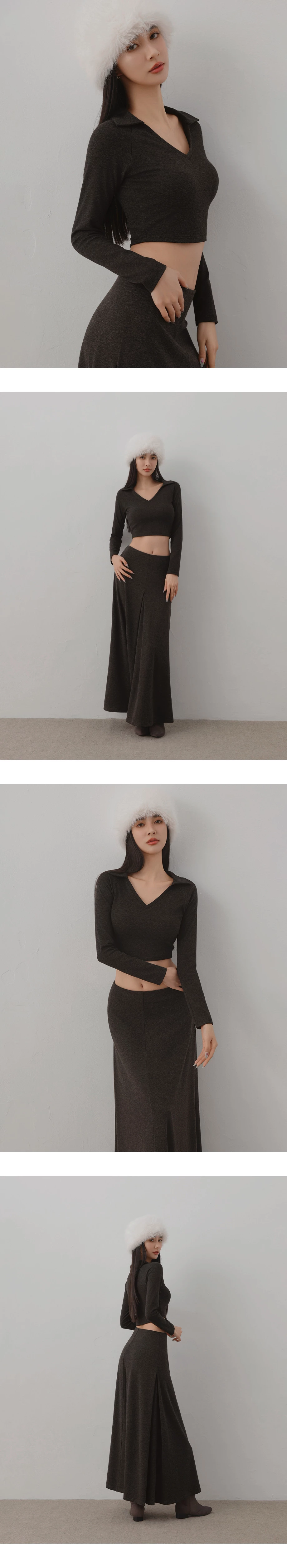 Collared V Neck Fitted Long Sleeve Crop Top