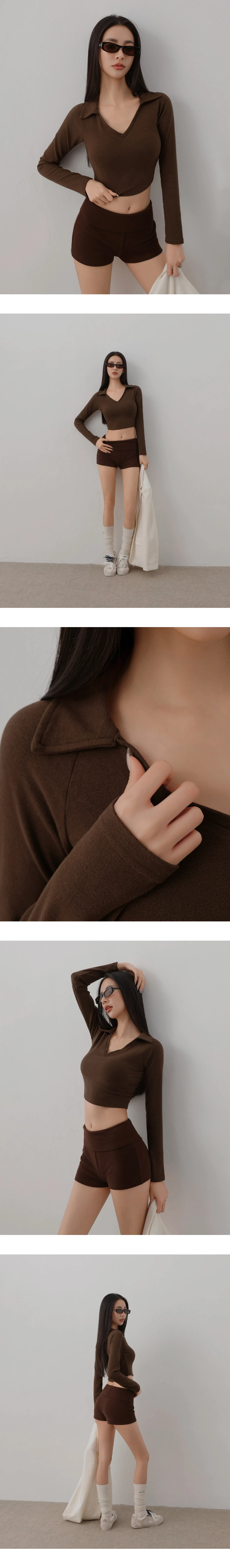 Collared V Neck Fitted Long Sleeve Crop Top