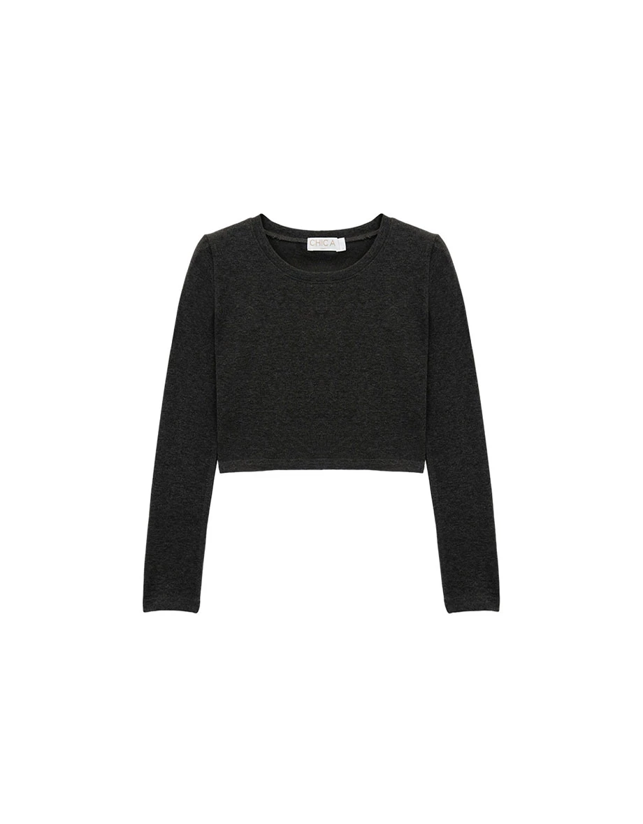 Side Split Hem Basic Crew Neck Long Sleeve Crop Top