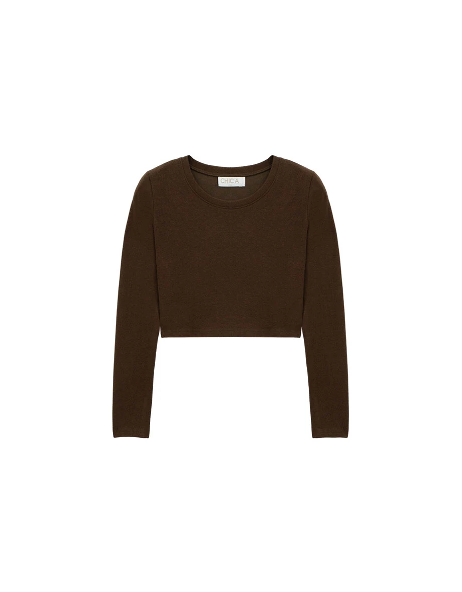 Side Split Hem Basic Crew Neck Long Sleeve Crop Top