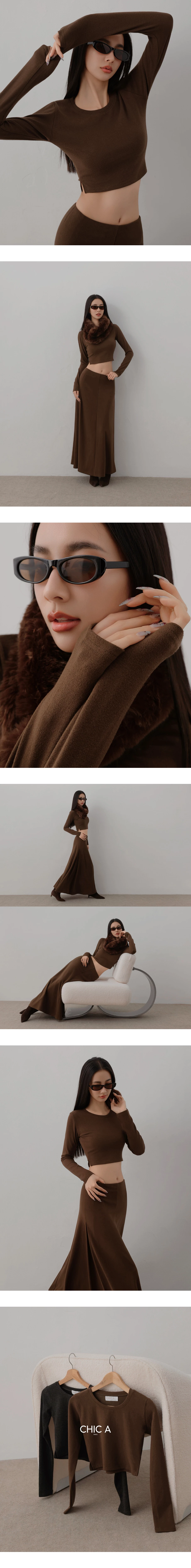 Side Split Hem Basic Crew Neck Long Sleeve Crop Top