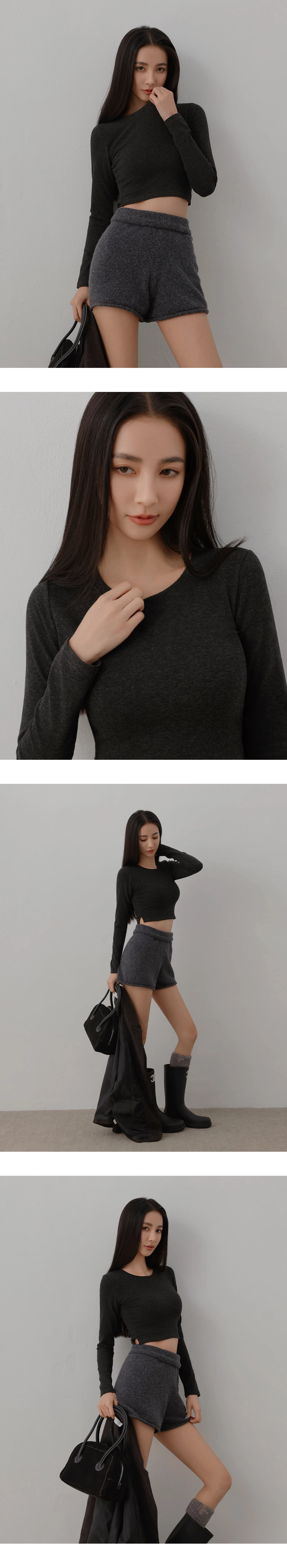 Side Split Hem Basic Crew Neck Long Sleeve Crop Top