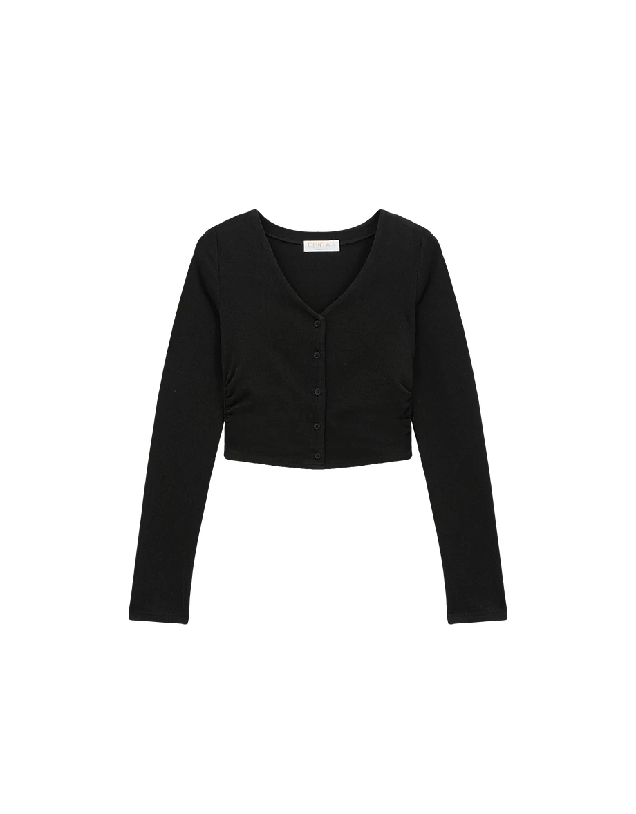 Side Ruched Fleece Lined Long Sleeve V Neck Cardigan