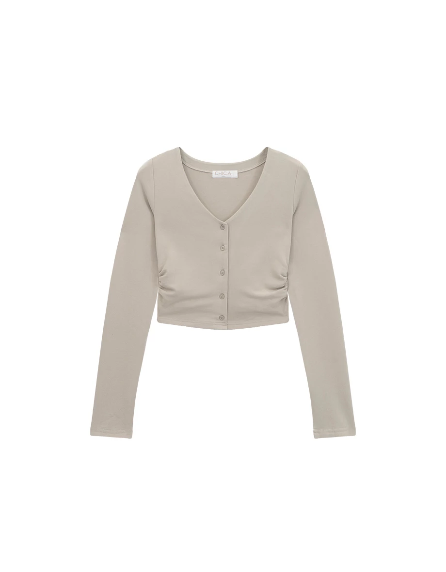 Side Ruched Fleece Lined Long Sleeve V Neck Cardigan