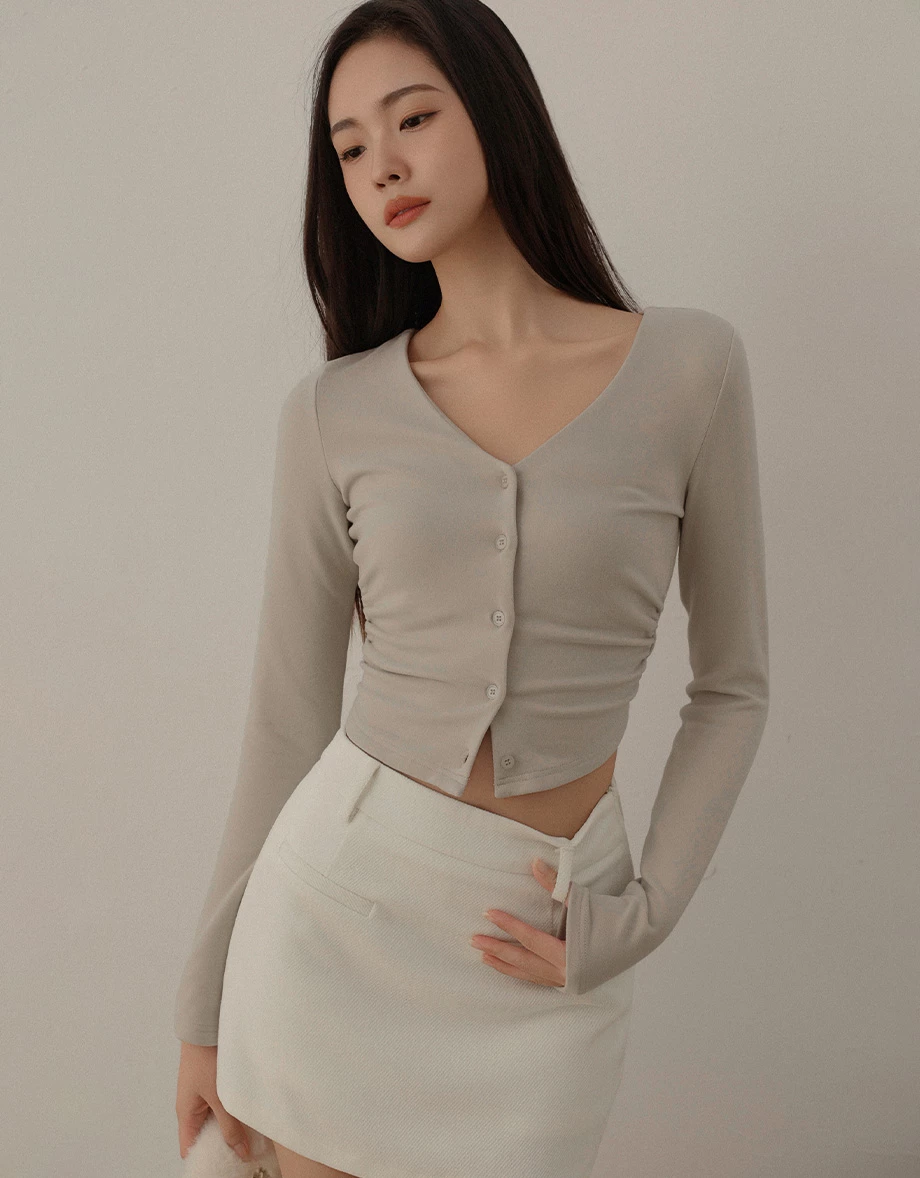 Side Ruched Fleece Lined Long Sleeve V Neck Cardigan Side Ruched Fleece Lined Long Sleeve V Neck Cardigan