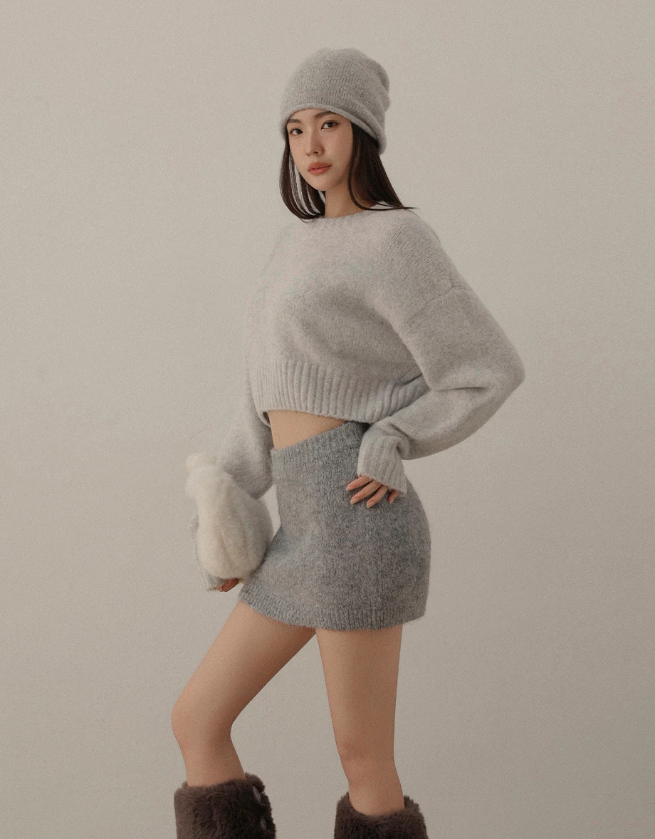 Soft Touch Fluffy Crew Neck Oversized Cropped Knit Sweater