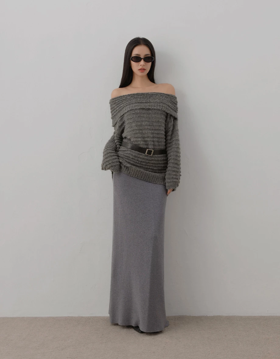 Foldover Off Shoulder Ribbed Knit Longline Sweater