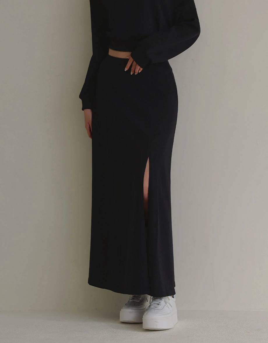 Front Slit Cotton Blend Maxi Skirt