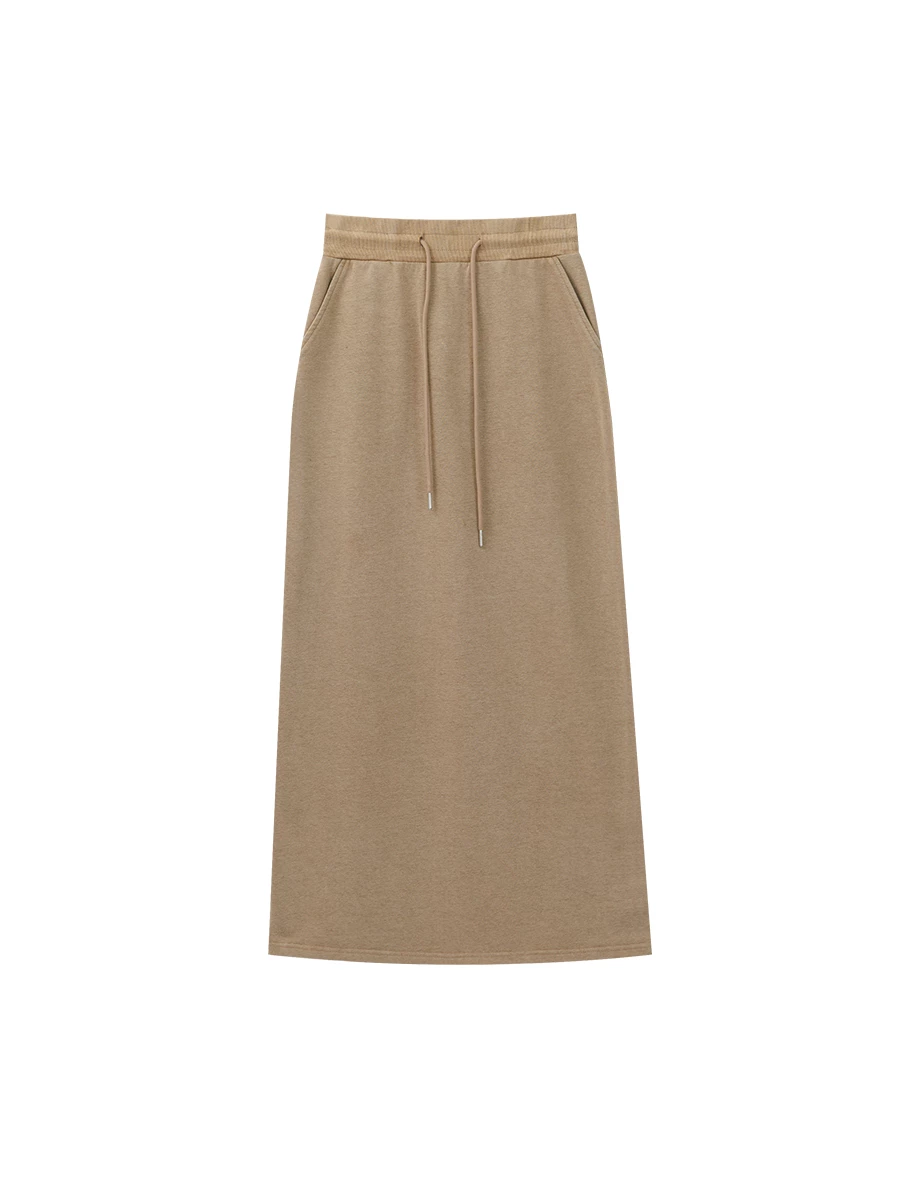 Soft Cotton Blend Drawstring Waist Maxi Skirt with Side Pocket Detail