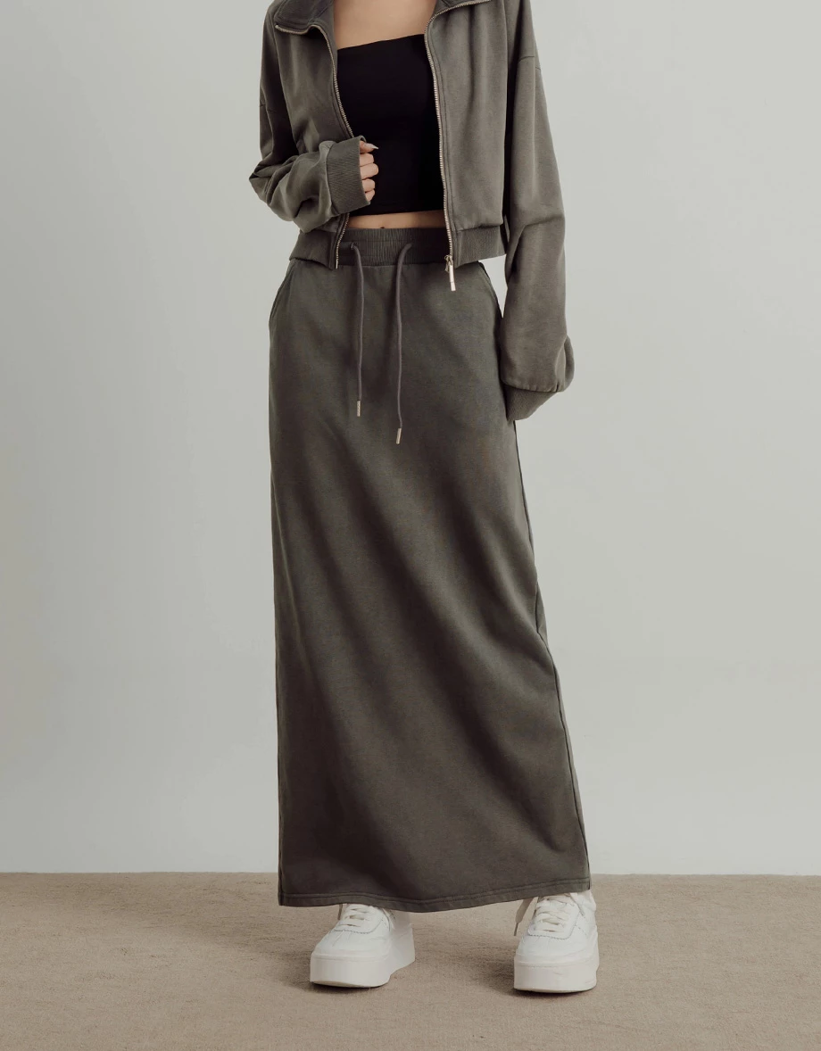 Soft Cotton Blend Drawstring Waist Maxi Skirt with Side Pocket Detail