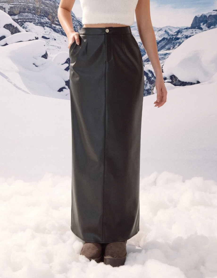 High Waist Faux Leather Straight Maxi Skirt