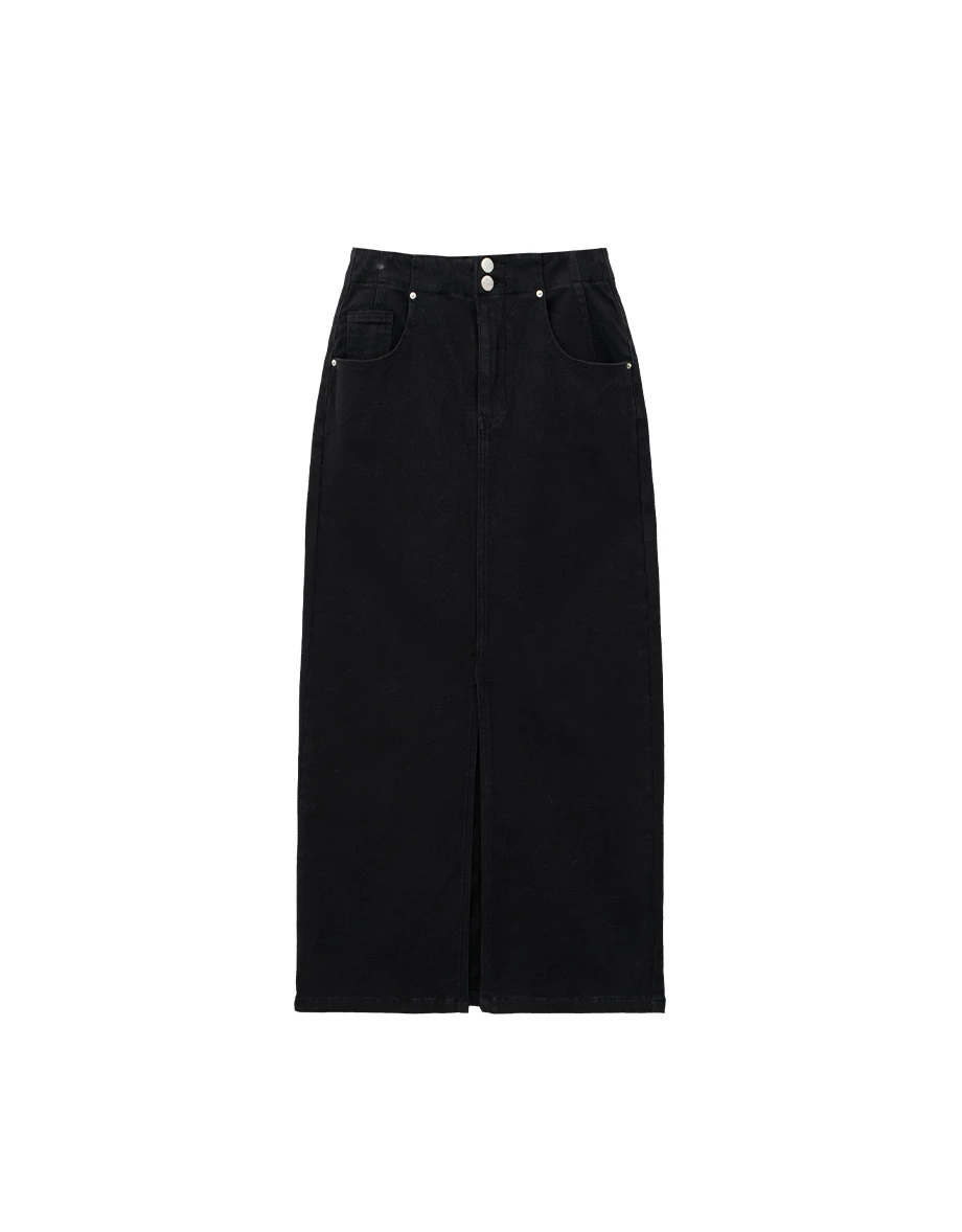 【AIRY HOURGLASS】Perfect Waistline Double Button Front Slit Fleece Lined Straight Maxi Skirt