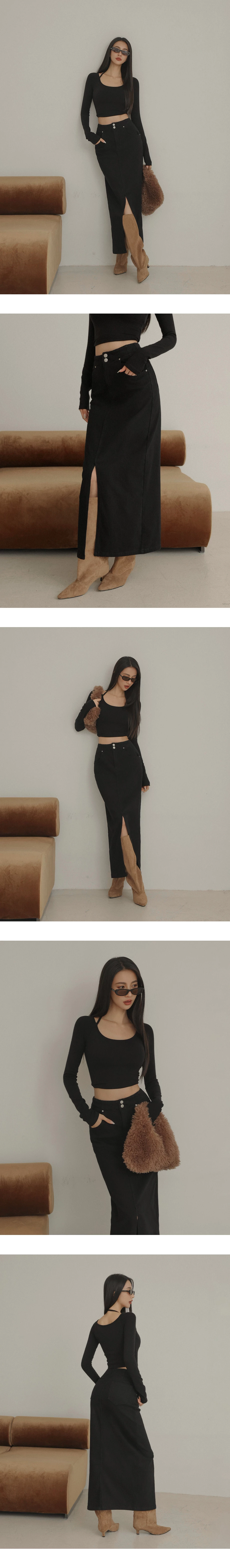 【AIRY HOURGLASS】Perfect Waistline Double Button Front Slit Fleece Lined Straight Maxi Skirt