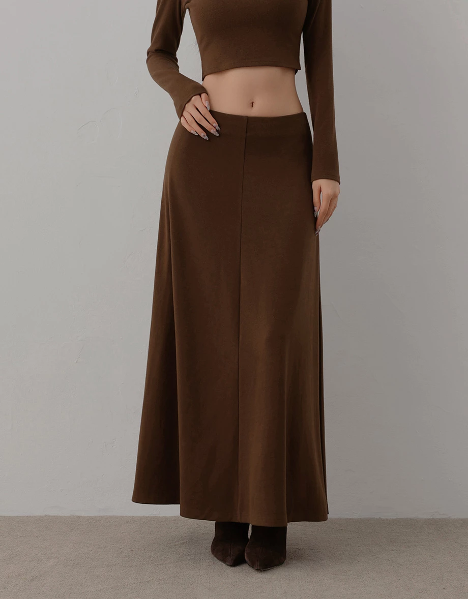 Elastic Waist Side Pleated Flared Maxi Skirt