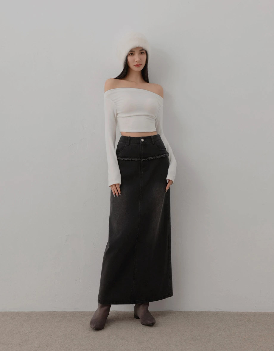 Vintage Wash Fringe Detail Jeans Denim Maxi Skirt
