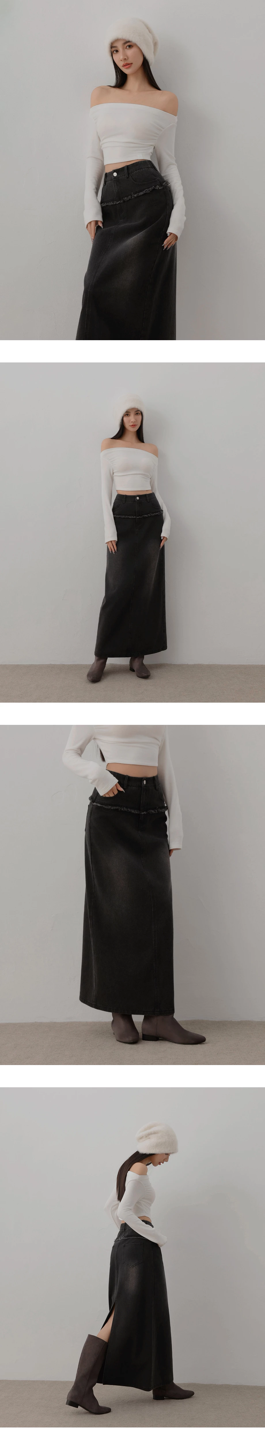 Vintage Wash Fringe Detail Jeans Denim Maxi Skirt