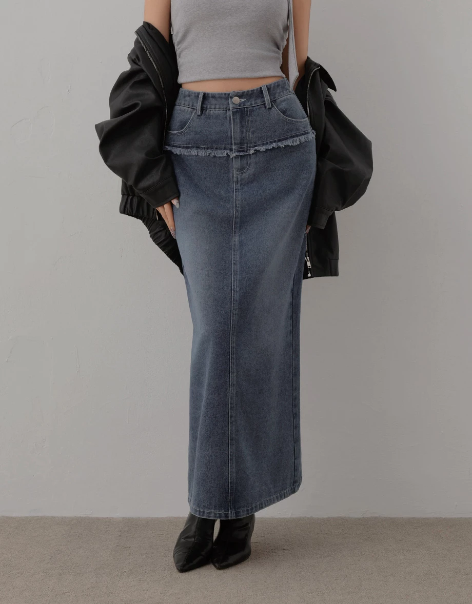 Vintage Wash Fringe Detail Jeans Denim Maxi Skirt