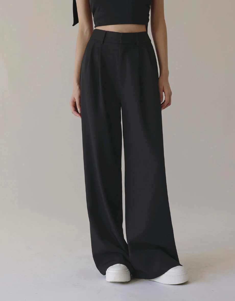 Elastic Waist Pleated Wide Leg Tailored Pants