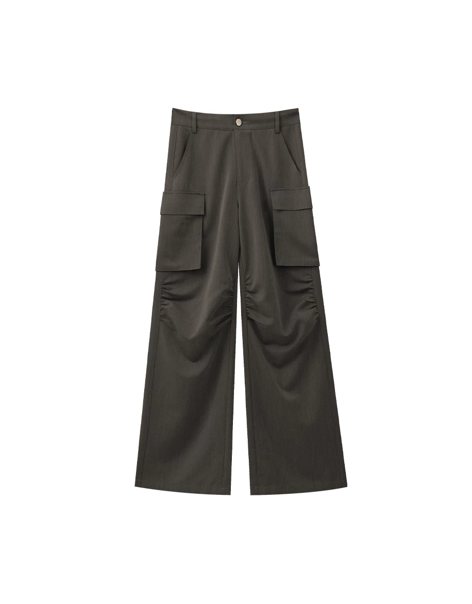 Ruched Seams Detail Tailored Cargo Wide Leg Pants with Pockets