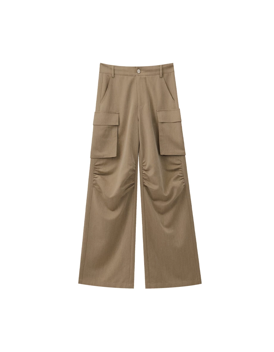 Ruched Seams Detail Tailored Cargo Wide Leg Pants with Pockets Ruched Seams Detail Tailored Cargo Wide Leg Pants with Pockets