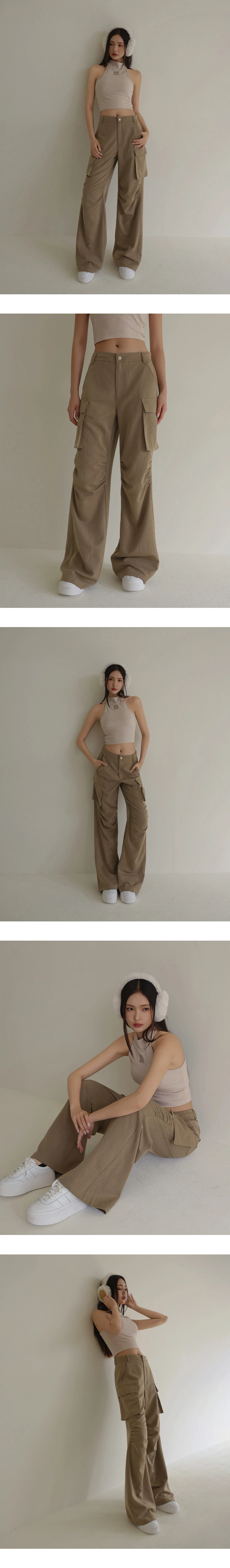 Ruched Seams Detail Tailored Cargo Wide Leg Pants with Pockets