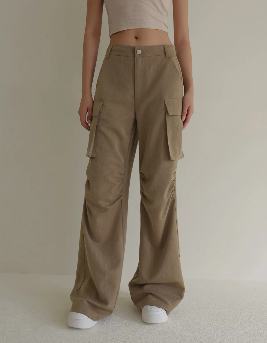 Ruched Seams Detail Tailored Cargo Wide Leg Pants with Pockets