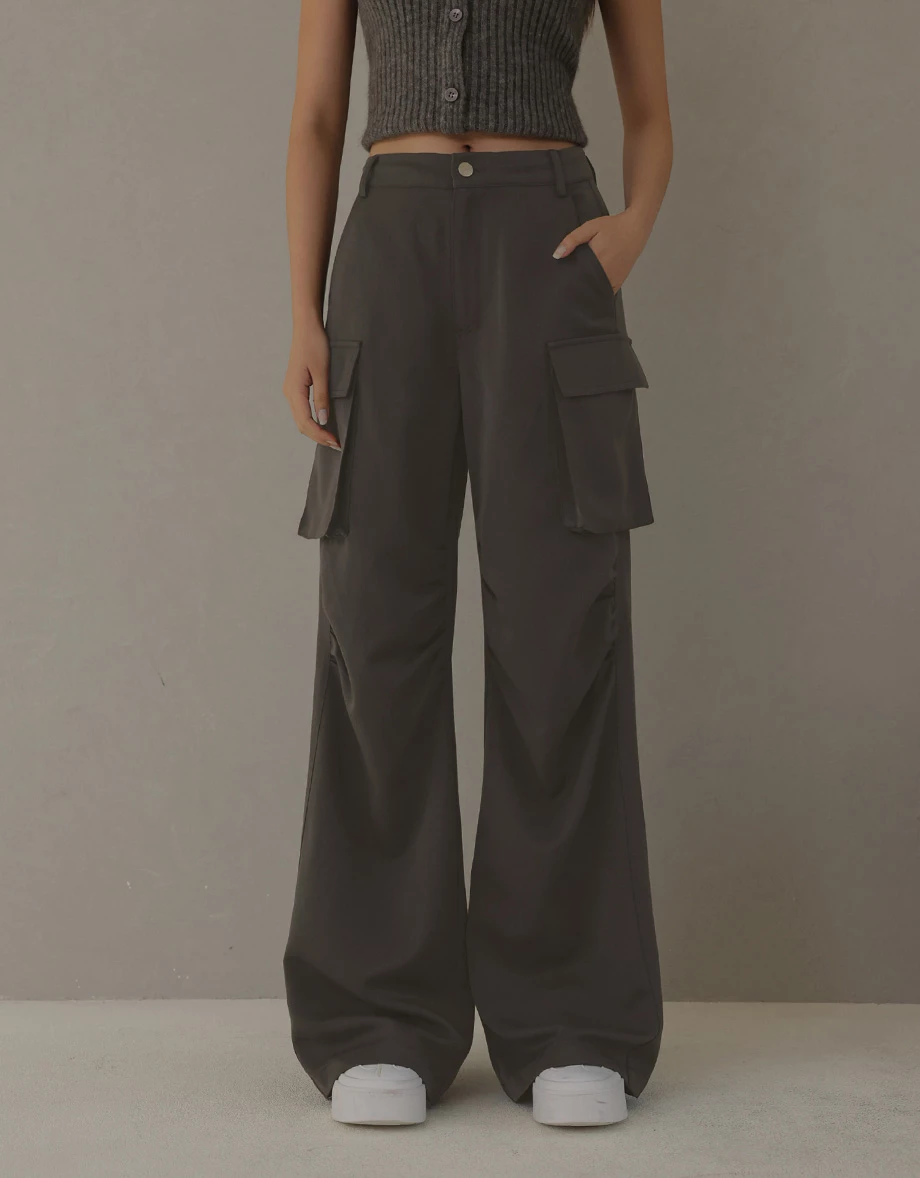 Ruched Seams Detail Tailored Cargo Wide Leg Pants with Pockets