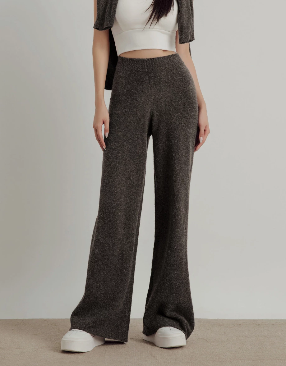 Soft Knit Wide Leg Pants with Elastic Rib Waistband