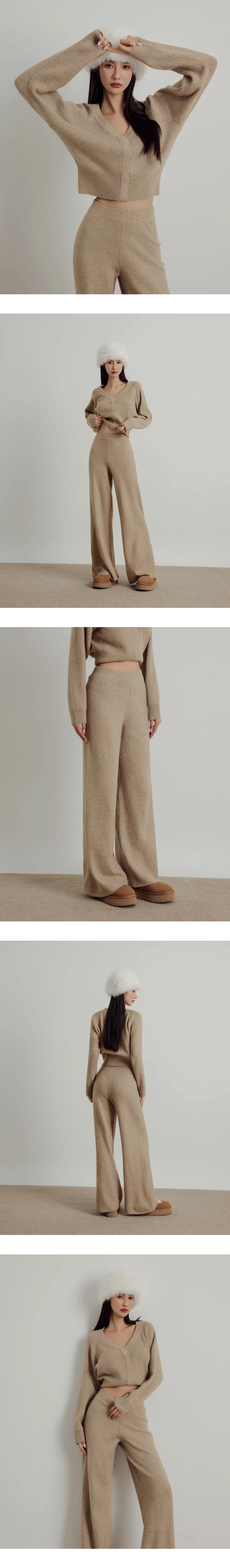 Soft Knit Wide Leg Pants with Elastic Rib Waistband