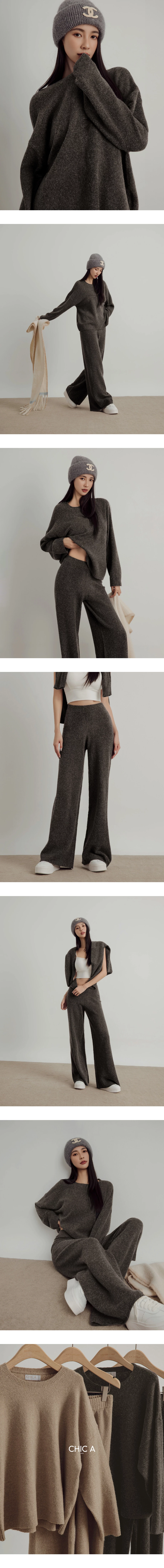 Soft Knit Wide Leg Pants with Elastic Rib Waistband