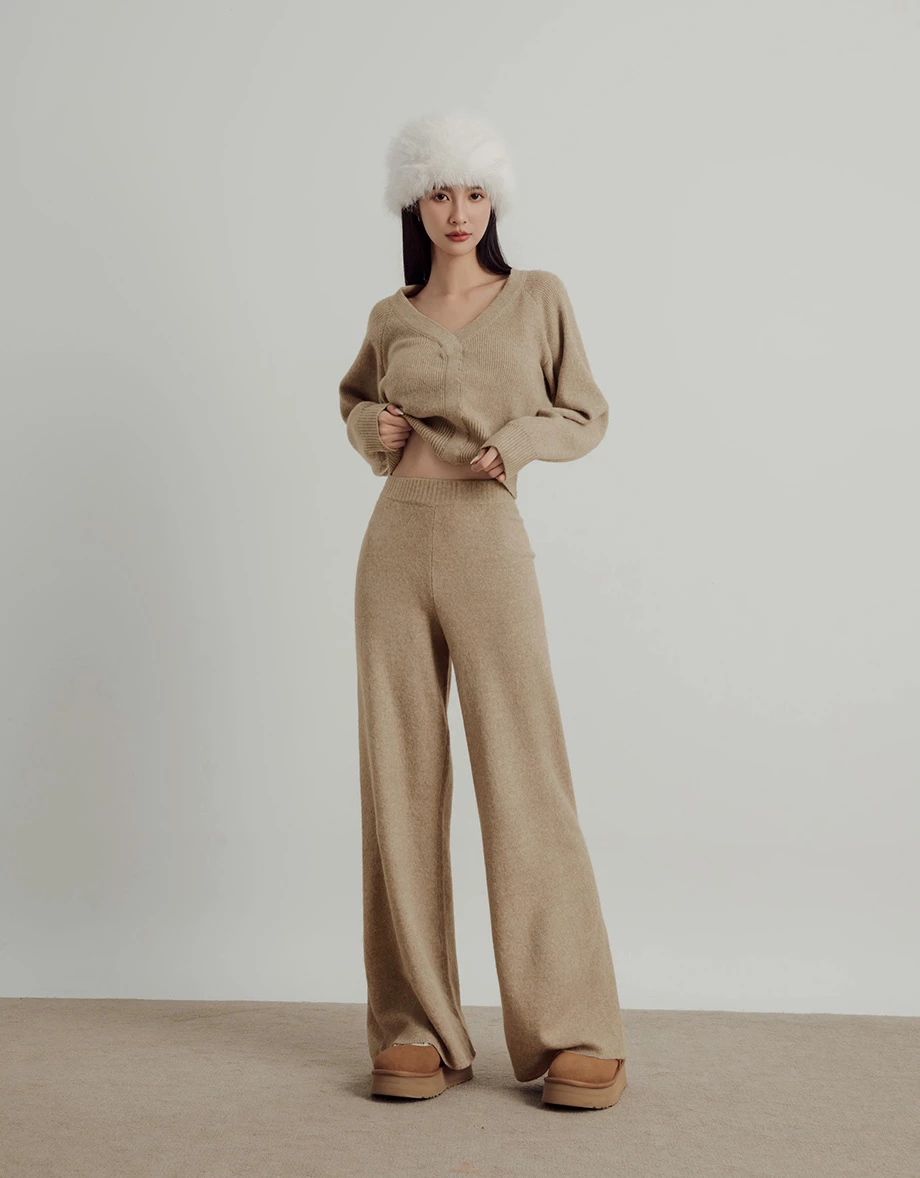Soft Knit Wide Leg Pants with Elastic Rib Waistband
