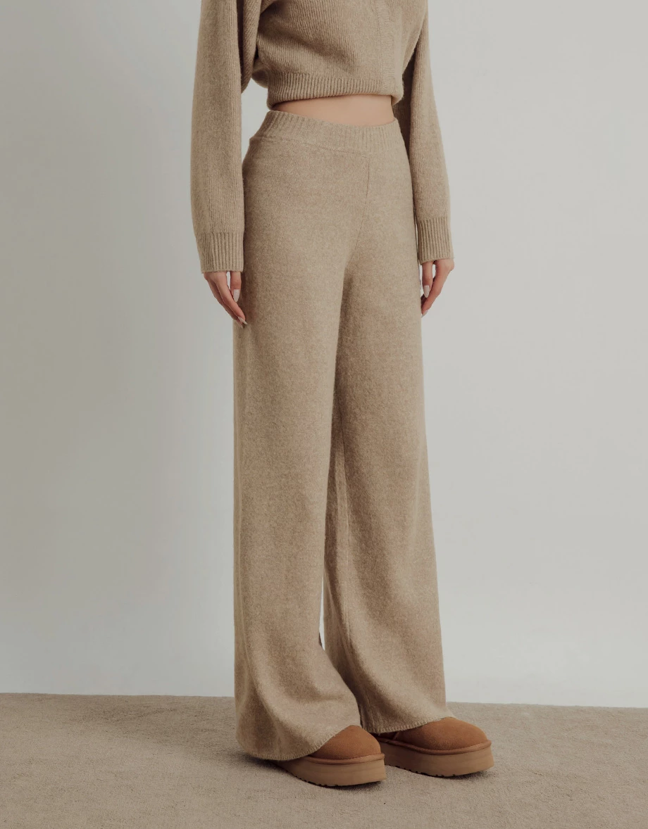 Soft Knit Wide Leg Pants with Elastic Rib Waistband