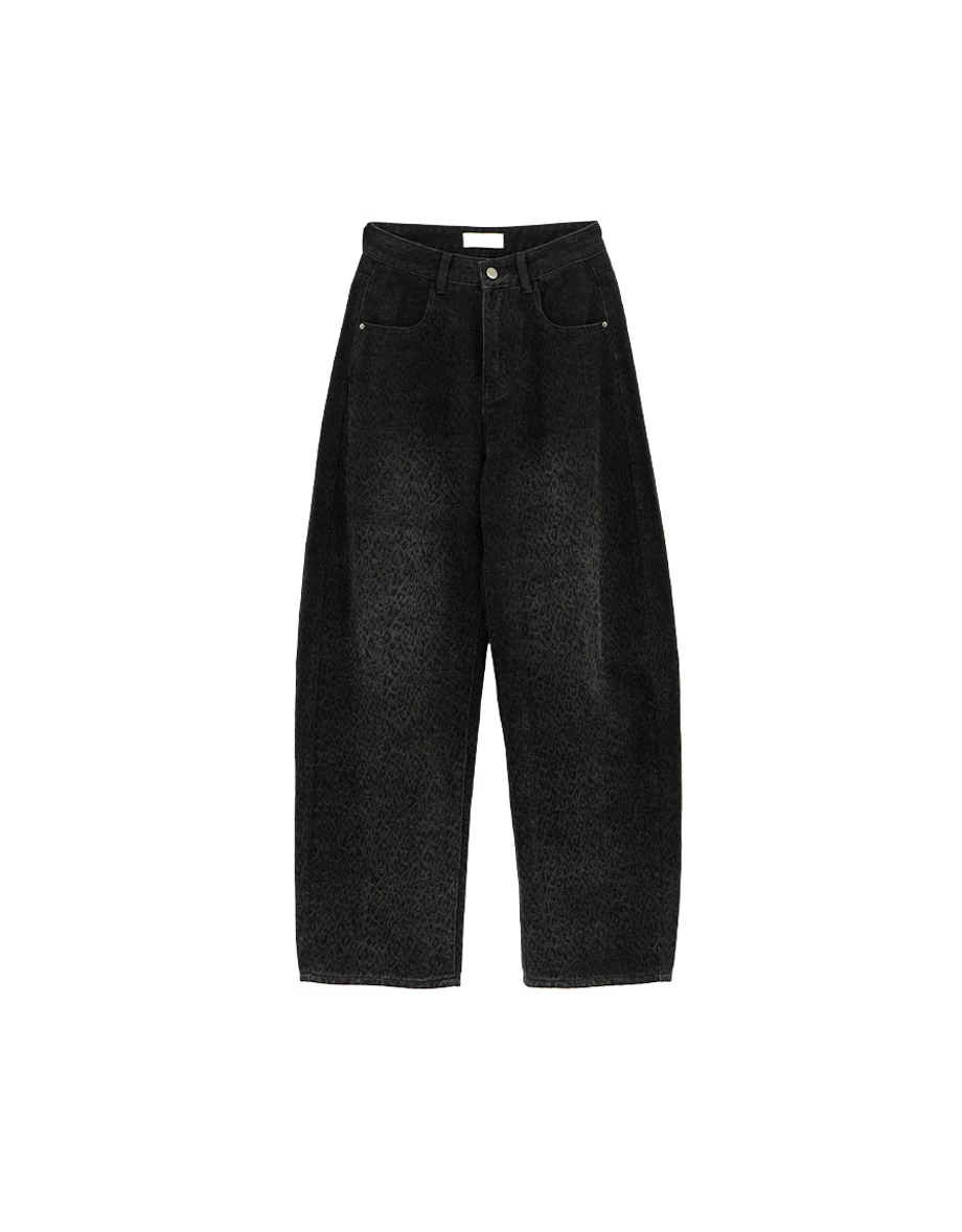 High Waist Embossed Leopard Jeans Denim Wide Leg Pants