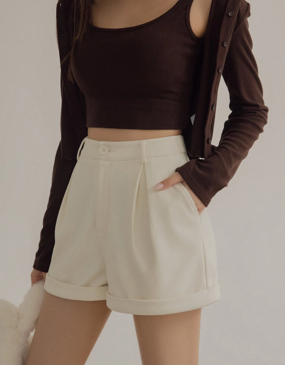 High Waist Tailored Pleated Shorts with Cuffed Hem