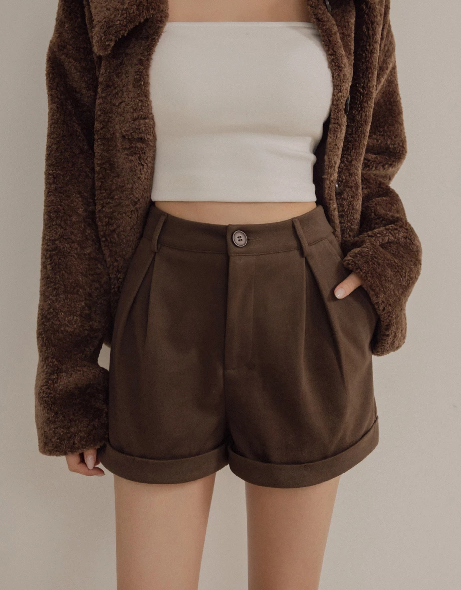 High Waist Tailored Pleated Shorts with Cuffed Hem