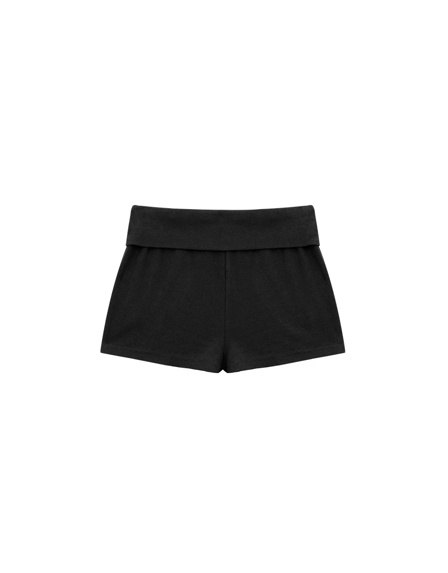 Folded Elastic Waistband Ribbed Fitted Lounge Shorts
