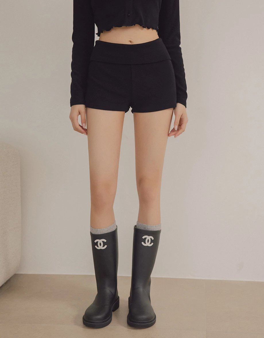 Folded Elastic Waistband Ribbed Fitted Lounge Shorts