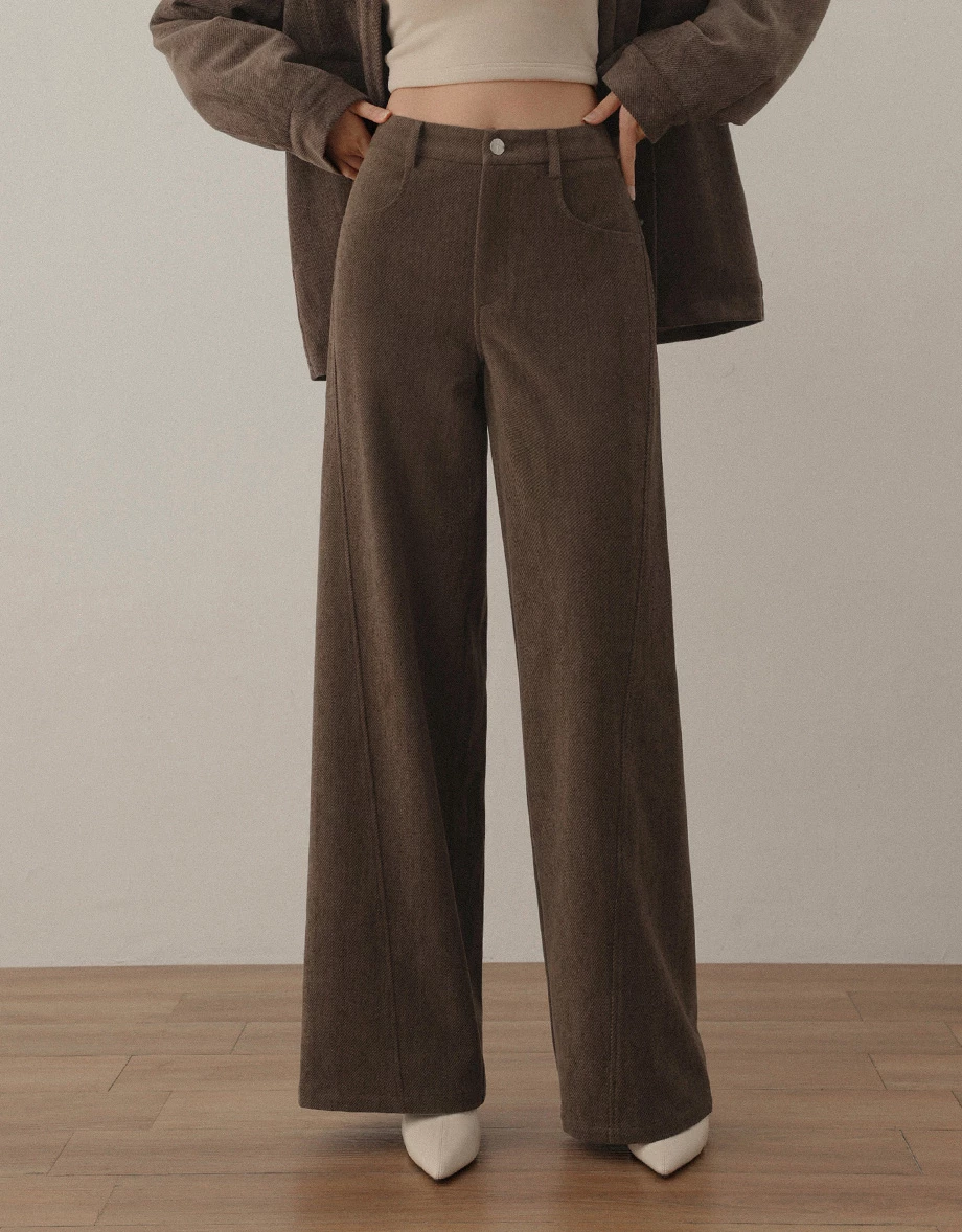 High Waist Twill Wide Leg Straight LongTrousers