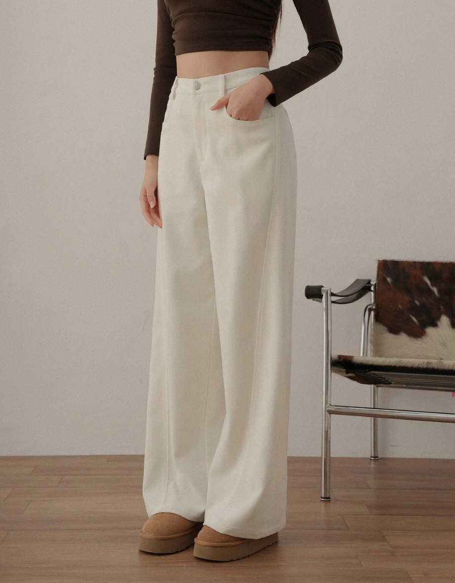 High Waist Twill Wide Leg Straight LongTrousers