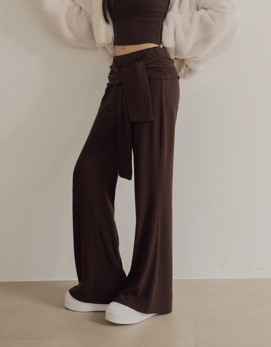 High Waist Wrap Tie Detail Wide Leg Flare Pants