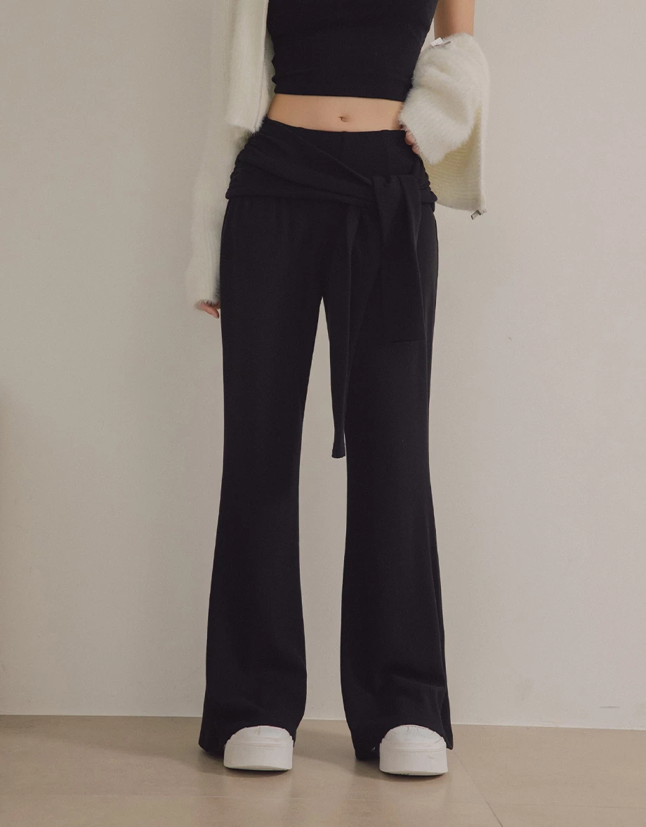 High Waist Wrap Tie Detail Wide Leg Flare Pants