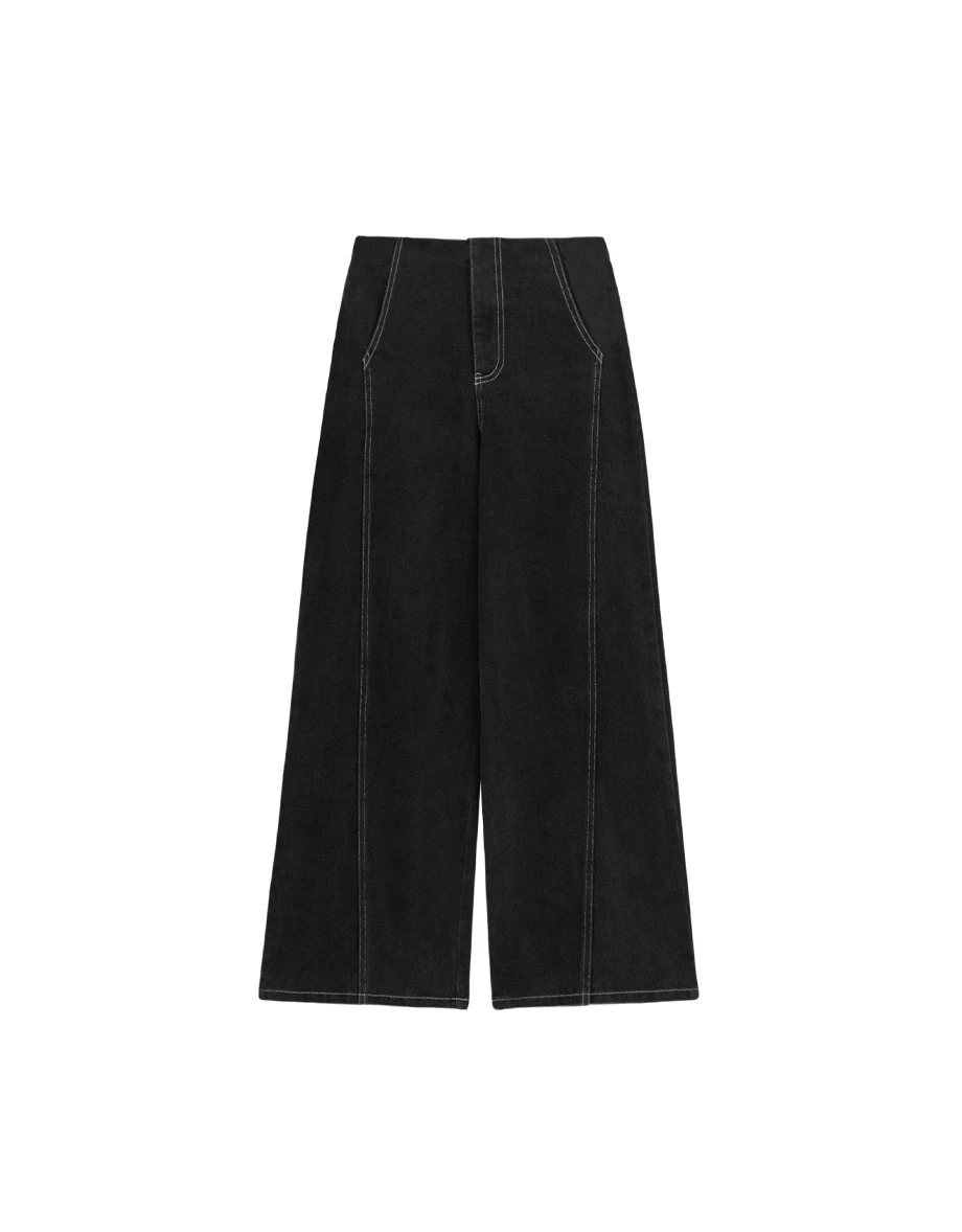 Contrast Stitch High Waist Wide Leg Pants with Pockets