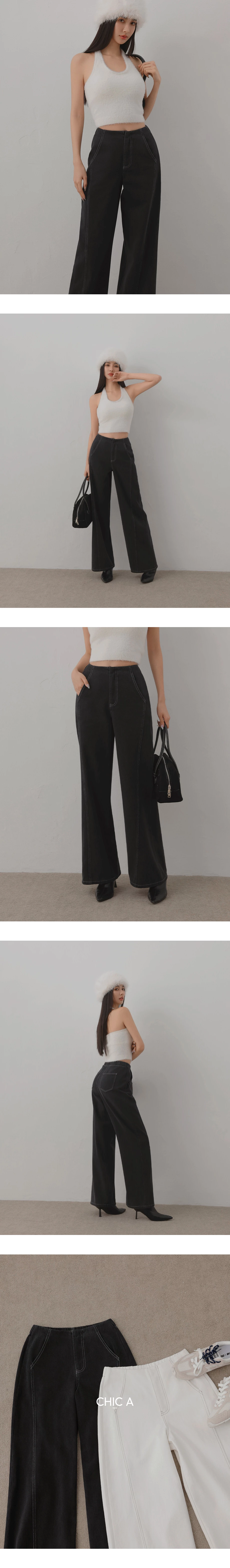 Contrast Stitch High Waist Wide Leg Pants with Pockets