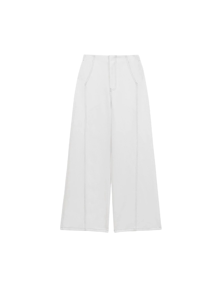 Contrast Stitch High Waist Wide Leg Pants with Pockets
