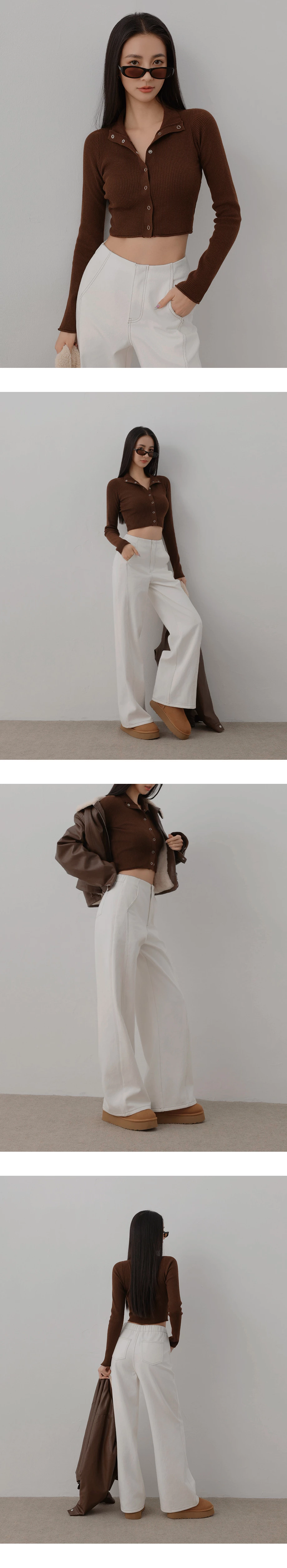 Contrast Stitch High Waist Wide Leg Pants with Pockets