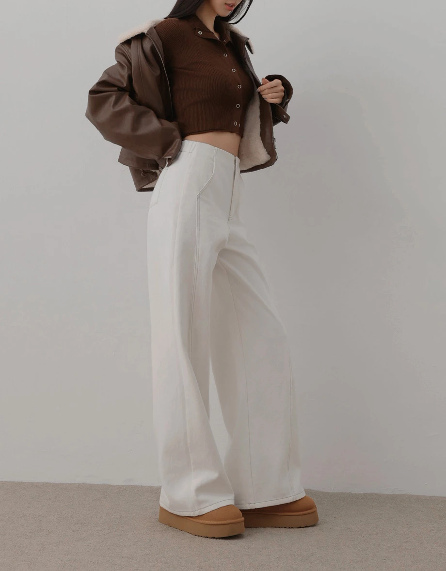 Contrast Stitch High Waist Wide Leg Pants with Pockets